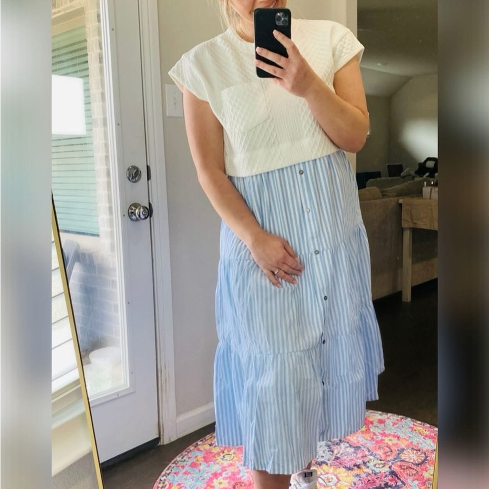 NEW entro “Twofer” White and Light Blue Tiered Button-Front Midi Dress